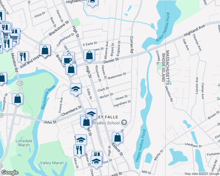 map of restaurants, bars, coffee shops, grocery stores, and more near 120 Hewes Street in Cumberland