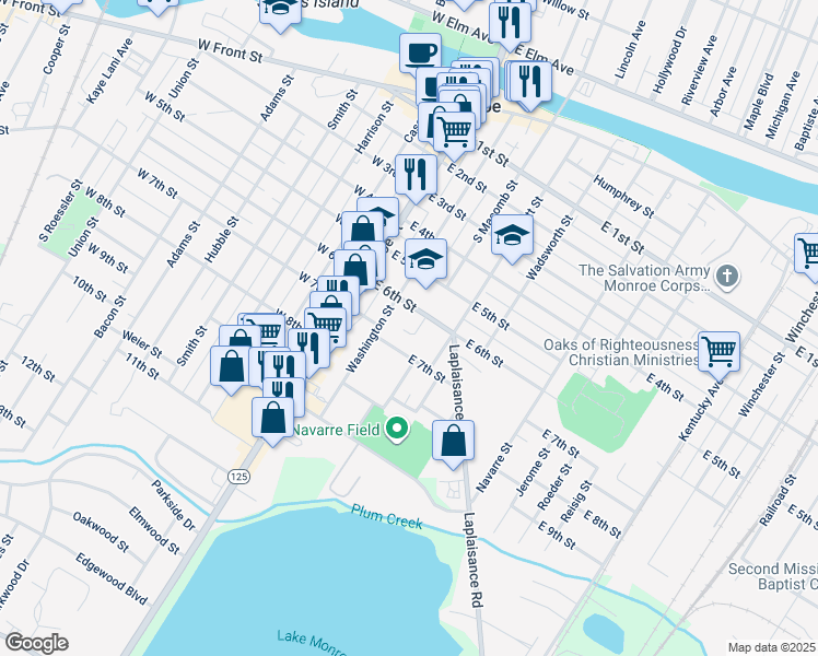 map of restaurants, bars, coffee shops, grocery stores, and more near 149 John R Court in Monroe