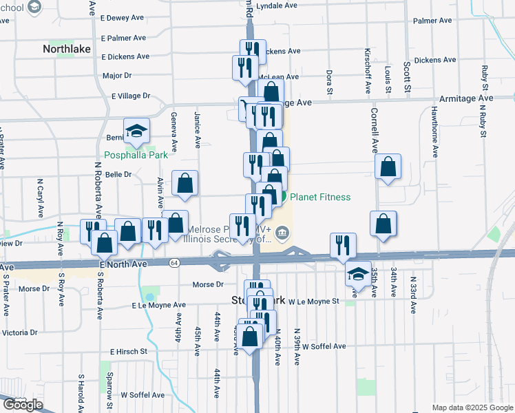 map of restaurants, bars, coffee shops, grocery stores, and more near 1961 Mannheim Road in Melrose Park