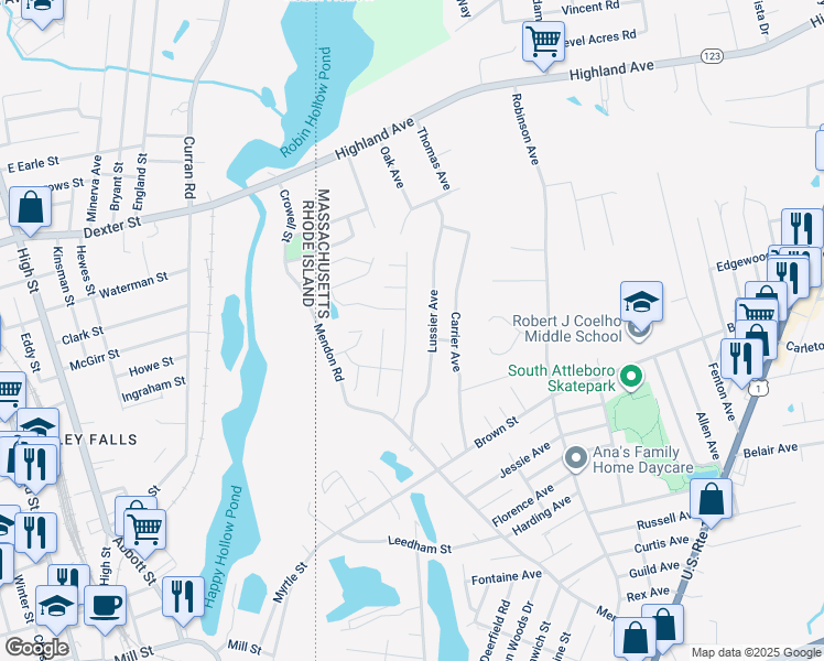 map of restaurants, bars, coffee shops, grocery stores, and more near 33 Castle Road in Attleboro