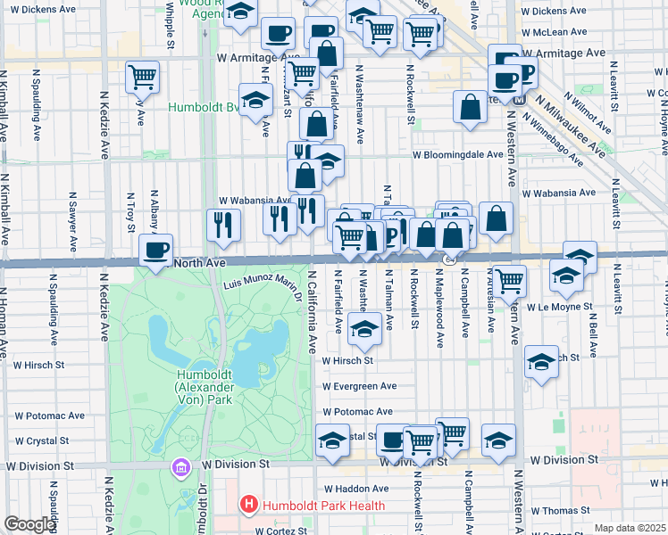 map of restaurants, bars, coffee shops, grocery stores, and more near 2735 West North Avenue in Chicago