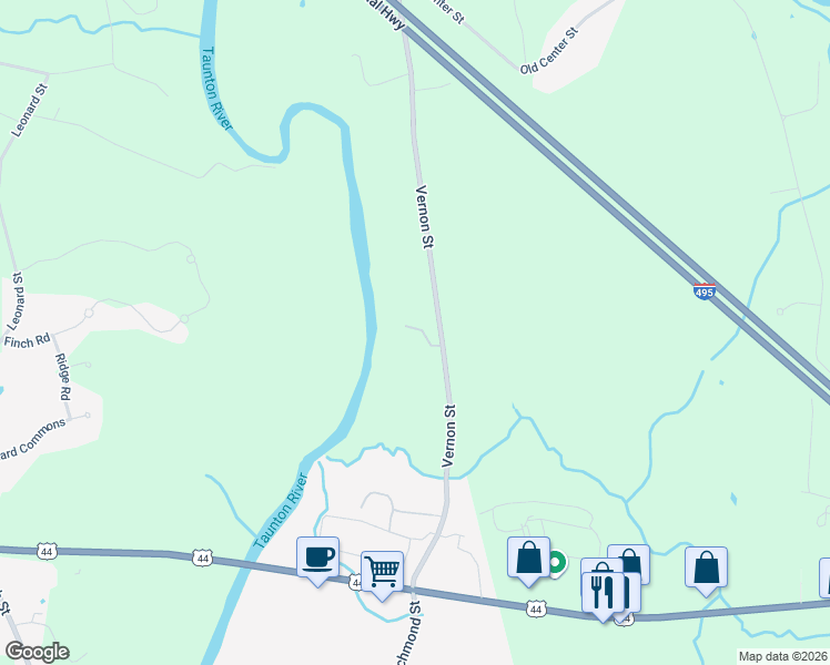 map of restaurants, bars, coffee shops, grocery stores, and more near 16 Vernon Street in Middleborough