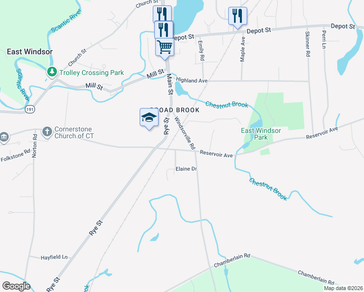 map of restaurants, bars, coffee shops, grocery stores, and more near 111 Old Ellington Road in East Windsor