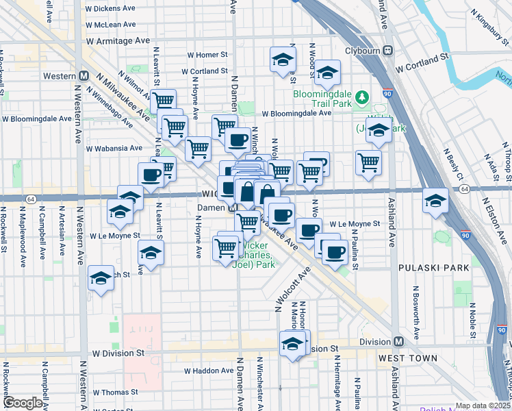 map of restaurants, bars, coffee shops, grocery stores, and more near 1563 North Milwaukee Avenue in Chicago