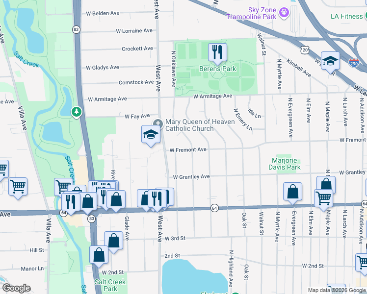 map of restaurants, bars, coffee shops, grocery stores, and more near 465 West Fremont Avenue in Elmhurst