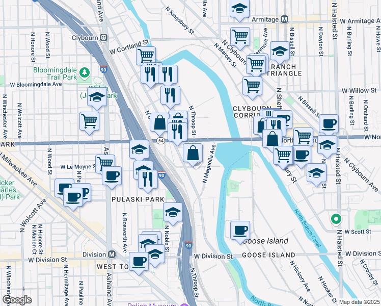 map of restaurants, bars, coffee shops, grocery stores, and more near 1255 Illinois 64 in Chicago