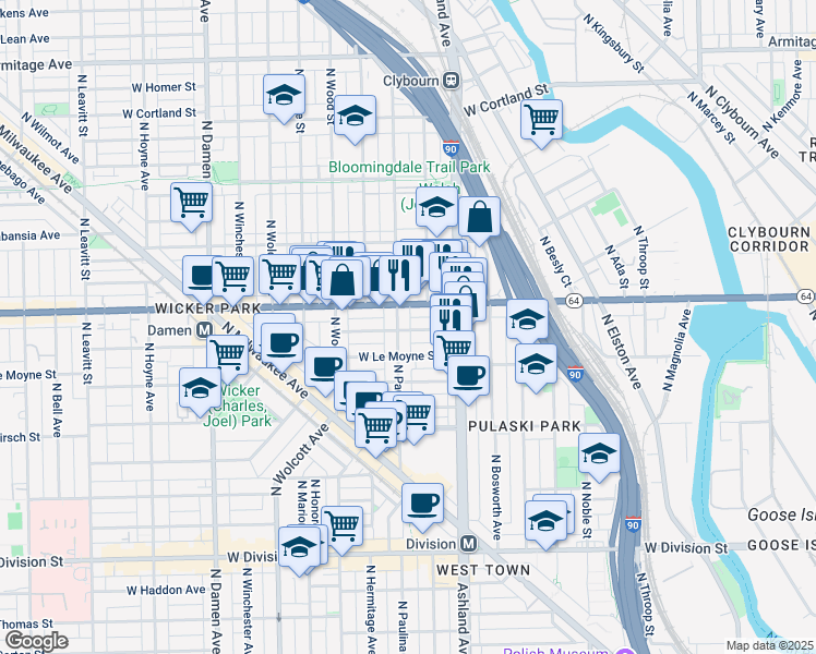 map of restaurants, bars, coffee shops, grocery stores, and more near 1652 West Pierce Avenue in Chicago