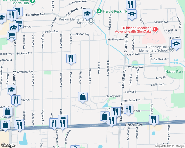 map of restaurants, bars, coffee shops, grocery stores, and more near 2N359 Pleasant Avenue in Glen Ellyn