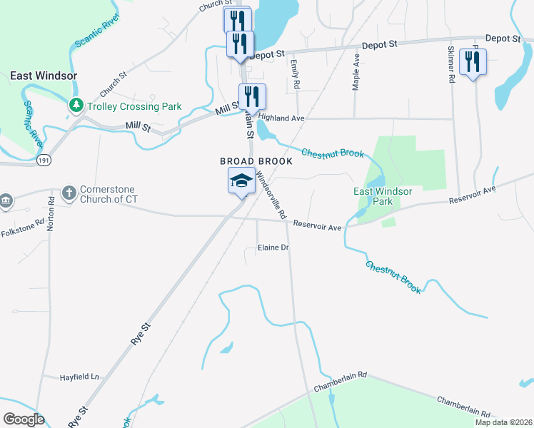 map of restaurants, bars, coffee shops, grocery stores, and more near 111 Old Ellington Road in East Windsor