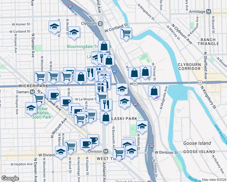 map of restaurants, bars, coffee shops, grocery stores, and more near 1539 North Bosworth Avenue in Chicago