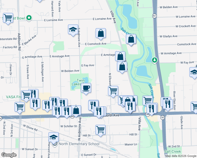 map of restaurants, bars, coffee shops, grocery stores, and more near 931 South Chatham Avenue in Addison