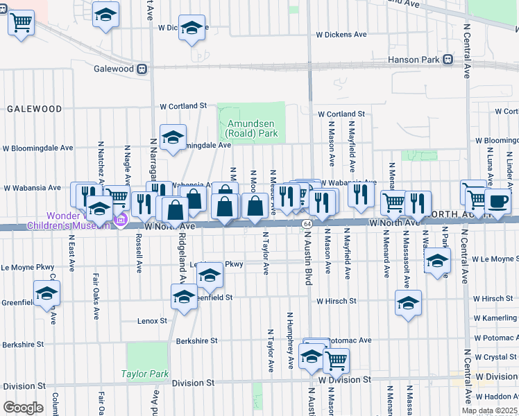map of restaurants, bars, coffee shops, grocery stores, and more near 1621 North Moody Avenue in Chicago