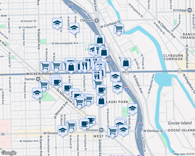 map of restaurants, bars, coffee shops, grocery stores, and more near 1515 North Ashland Avenue in Chicago