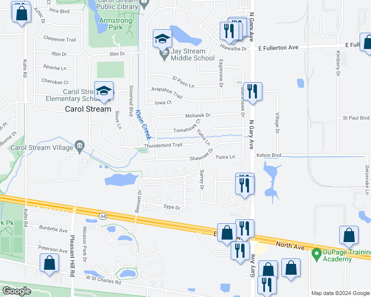 map of restaurants, bars, coffee shops, grocery stores, and more near 248 Thunderbird Trail in Carol Stream