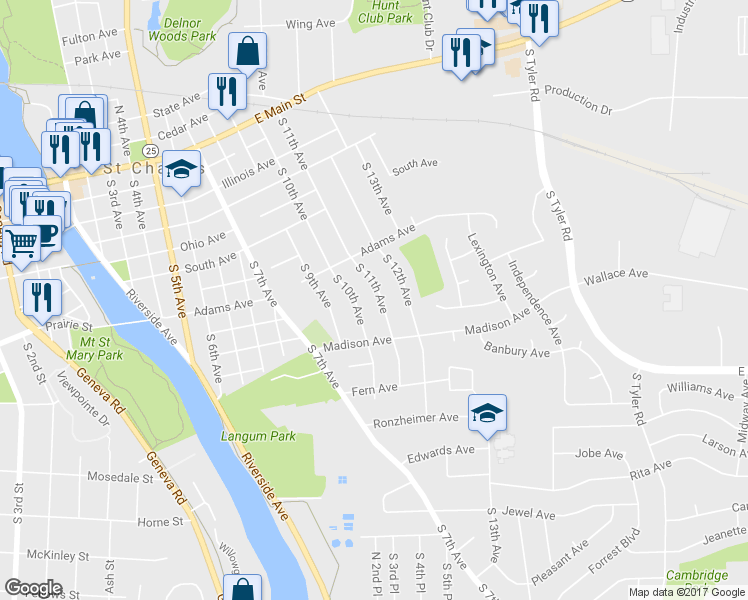 map of restaurants, bars, coffee shops, grocery stores, and more near 815 South 11th Avenue in St. Charles