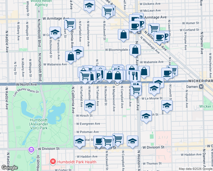 map of restaurants, bars, coffee shops, grocery stores, and more near in Chicago
