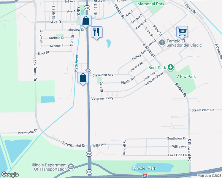 map of restaurants, bars, coffee shops, grocery stores, and more near 361 Irene Avenue in Rochelle