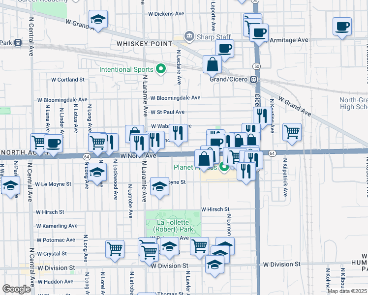 map of restaurants, bars, coffee shops, grocery stores, and more near 5104 West North Avenue in Chicago