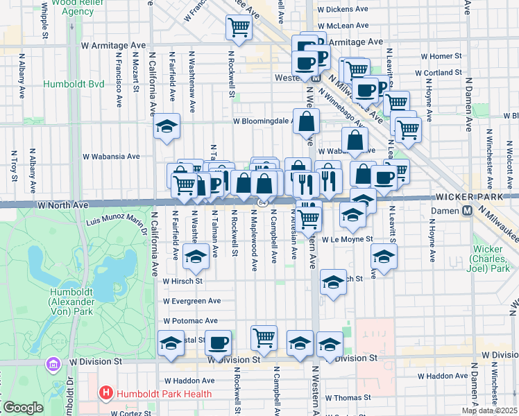 map of restaurants, bars, coffee shops, grocery stores, and more near 2503 West North Avenue in Chicago