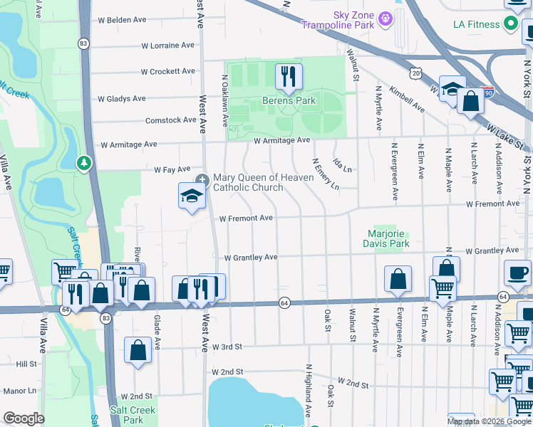 map of restaurants, bars, coffee shops, grocery stores, and more near 431 West Fremont Avenue in Elmhurst