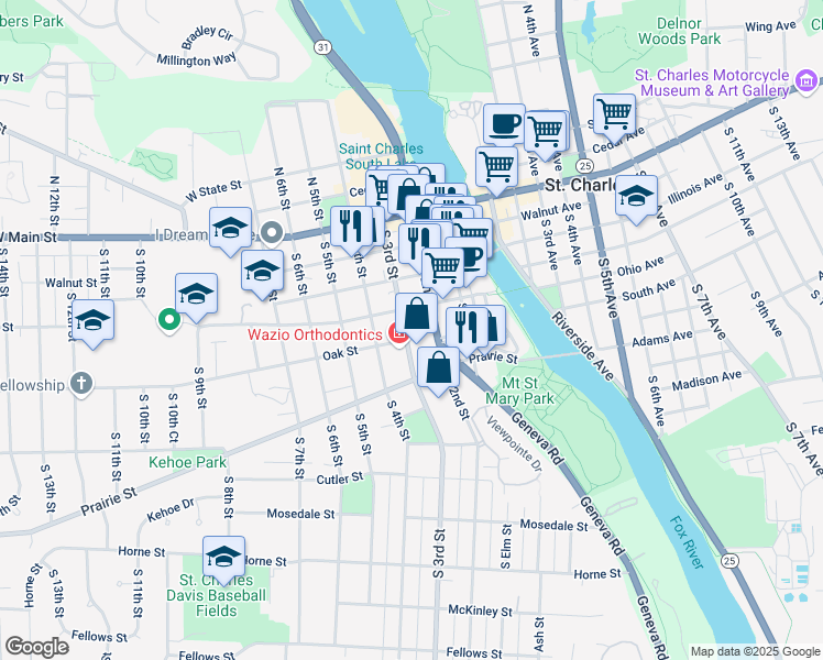 map of restaurants, bars, coffee shops, grocery stores, and more near 318 South 3rd Street in St. Charles