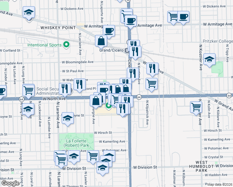 map of restaurants, bars, coffee shops, grocery stores, and more near 4846 West North Avenue in Chicago