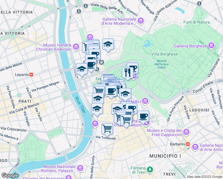 map of restaurants, bars, coffee shops, grocery stores, and more near 9 Via del Babuino in Roma