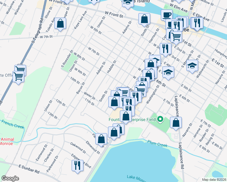 map of restaurants, bars, coffee shops, grocery stores, and more near 829 Smith Street in Monroe