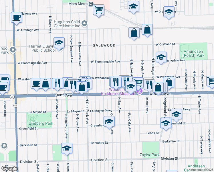 map of restaurants, bars, coffee shops, grocery stores, and more near 1629 North Normandy Avenue in Chicago