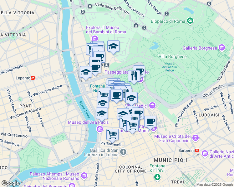 map of restaurants, bars, coffee shops, grocery stores, and more near 9 Via del Babuino in Roma