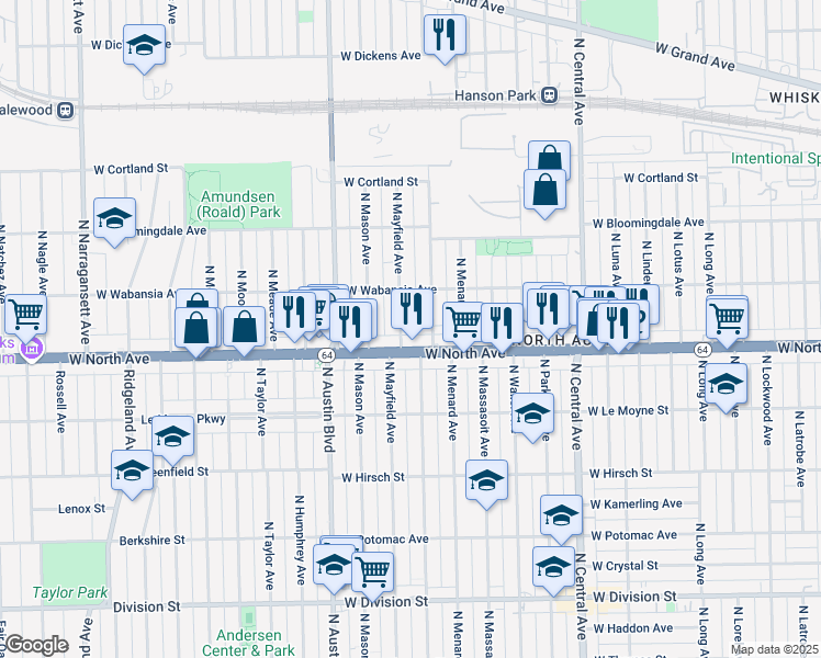 map of restaurants, bars, coffee shops, grocery stores, and more near 1621 North Mayfield Avenue in Chicago