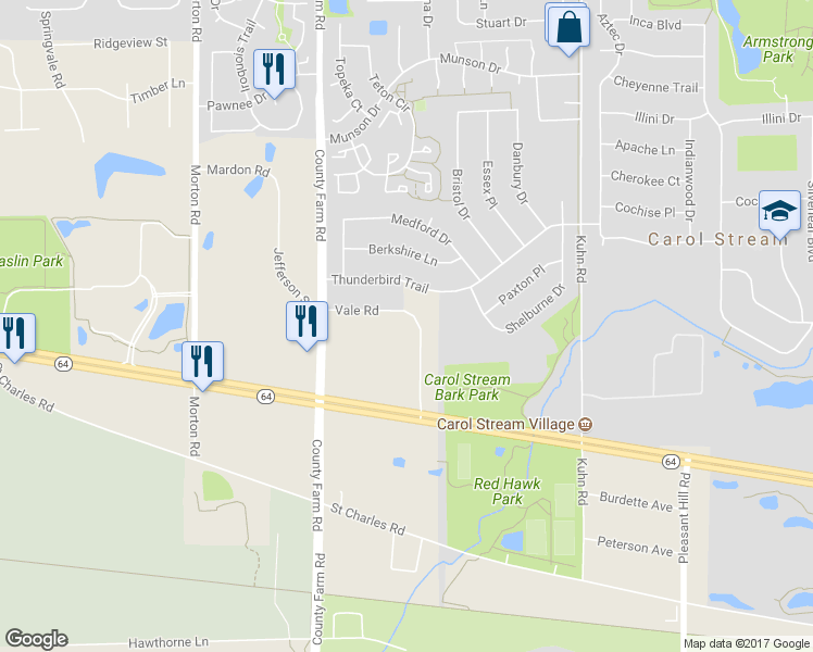 map of restaurants, bars, coffee shops, grocery stores, and more near 27W045 Vale Road in West Chicago