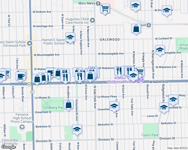 map of restaurants, bars, coffee shops, grocery stores, and more near 1630 North Oak Park Avenue in Chicago