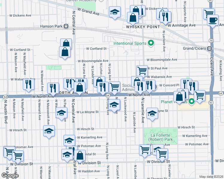 map of restaurants, bars, coffee shops, grocery stores, and more near 1615 North Long Avenue in Chicago