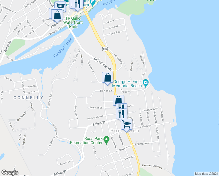 map of restaurants, bars, coffee shops, grocery stores, and more near 100 Broadway in Port Ewen