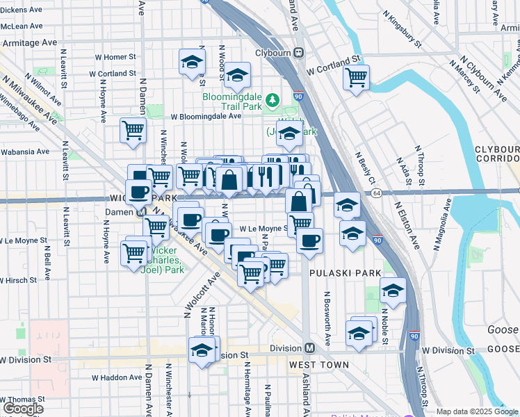 map of restaurants, bars, coffee shops, grocery stores, and more near 1528 North Paulina Street in Chicago