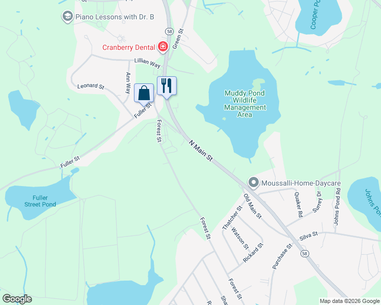 map of restaurants, bars, coffee shops, grocery stores, and more near 38 North Main Street in Carver