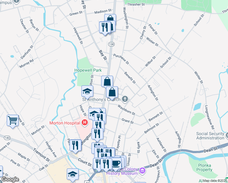 map of restaurants, bars, coffee shops, grocery stores, and more near 6 East Broadway in Taunton