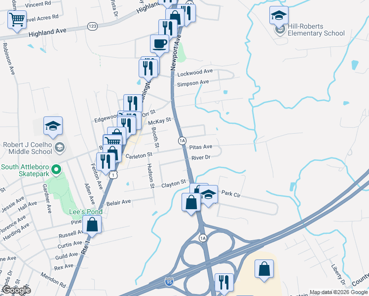 map of restaurants, bars, coffee shops, grocery stores, and more near 4 Pitas Avenue in Attleboro