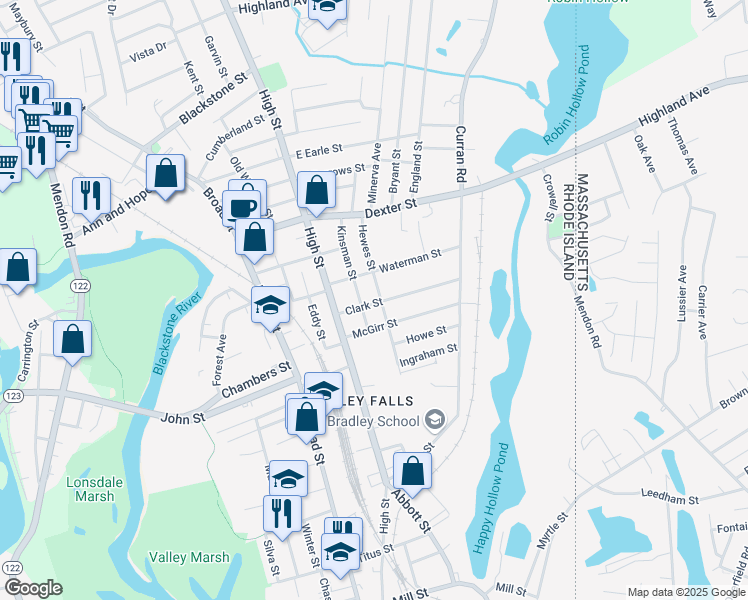map of restaurants, bars, coffee shops, grocery stores, and more near 120 Hewes Street in Cumberland