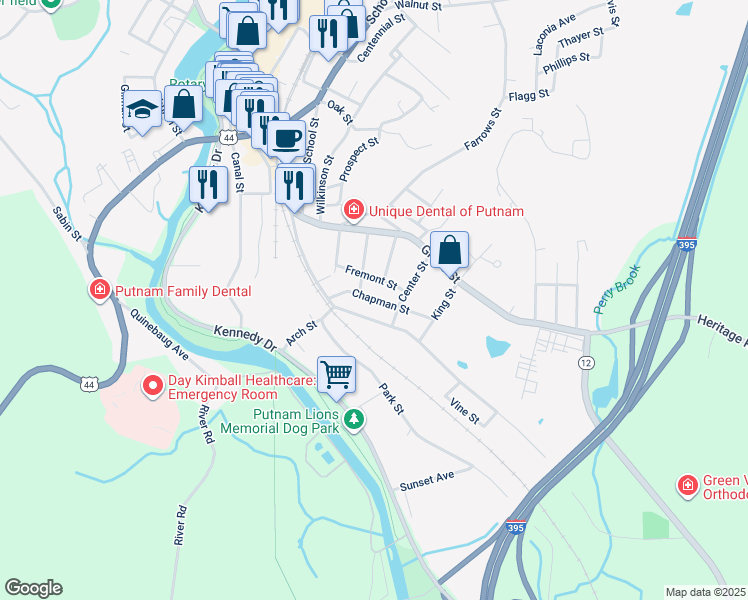 map of restaurants, bars, coffee shops, grocery stores, and more near 198 South Main Street in Putnam