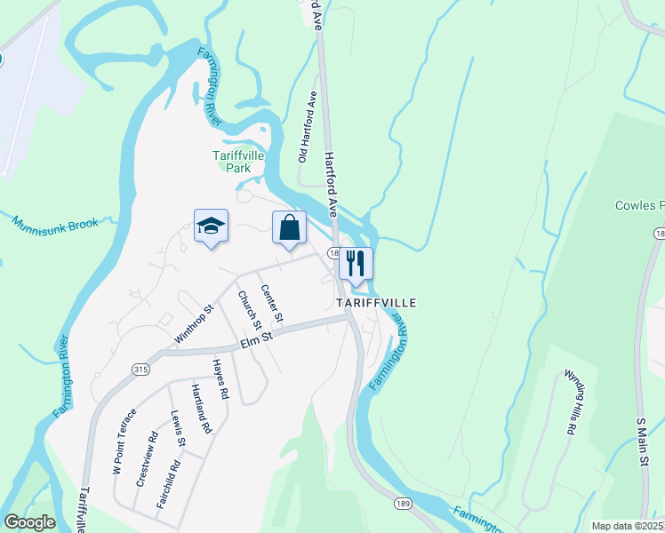 map of restaurants, bars, coffee shops, grocery stores, and more near 38 Main Street in Simsbury