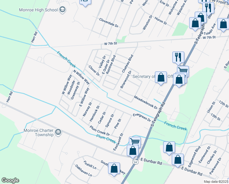 map of restaurants, bars, coffee shops, grocery stores, and more near 1801 Garden Street in Monroe