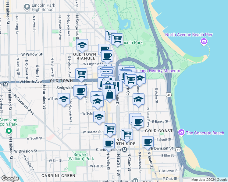 map of restaurants, bars, coffee shops, grocery stores, and more near 1546 North LaSalle Drive in Chicago