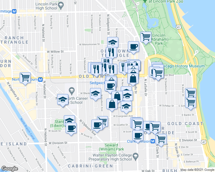 map of restaurants, bars, coffee shops, grocery stores, and more near 1520 North Sedgwick Street in Chicago