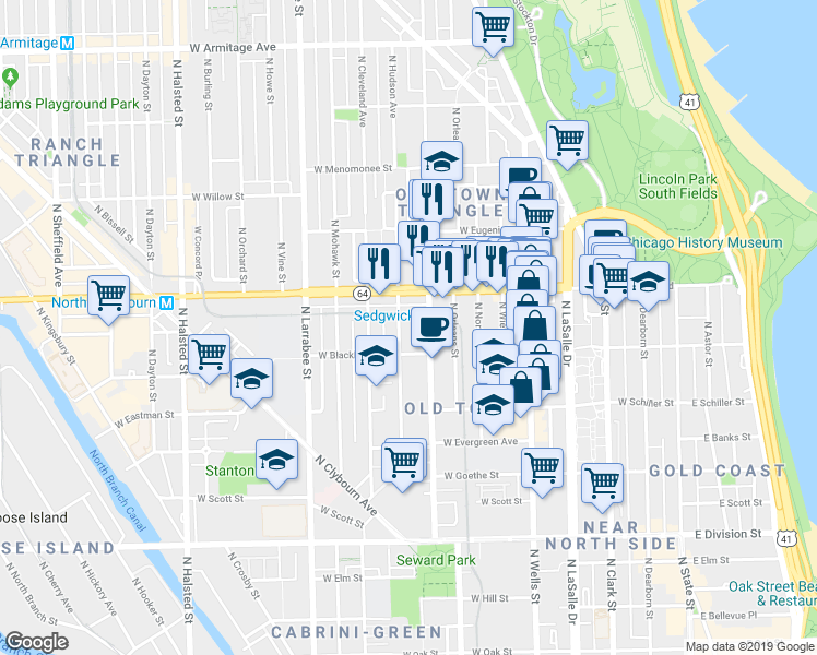 map of restaurants, bars, coffee shops, grocery stores, and more near 1520 North Sedgwick Street in Chicago