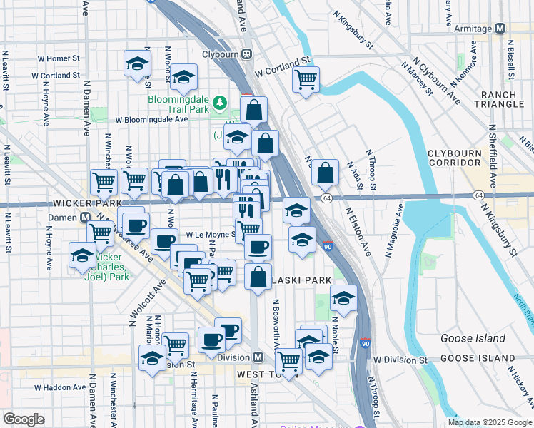 map of restaurants, bars, coffee shops, grocery stores, and more near 1515 North Ashland Avenue in Chicago