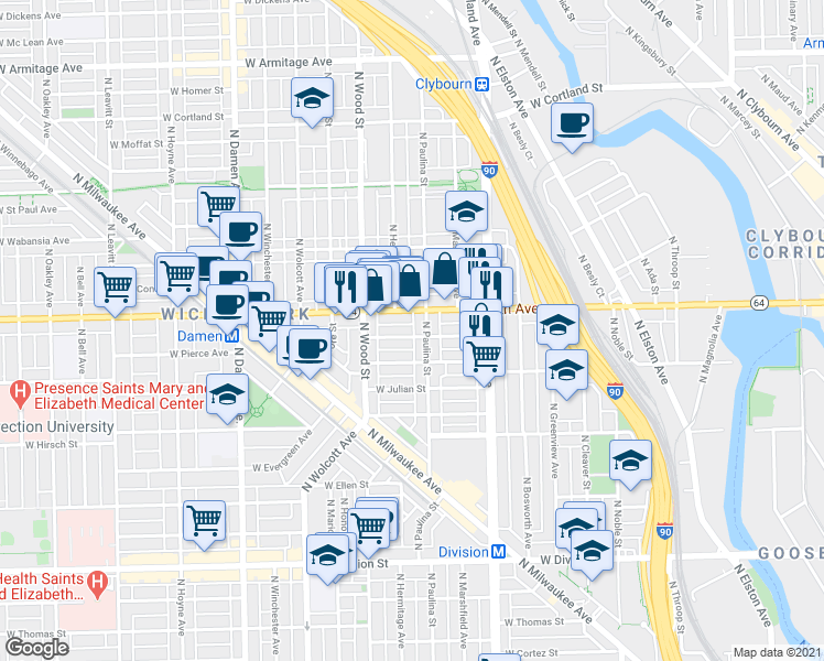 map of restaurants, bars, coffee shops, grocery stores, and more near 1528 North Paulina Street in Chicago
