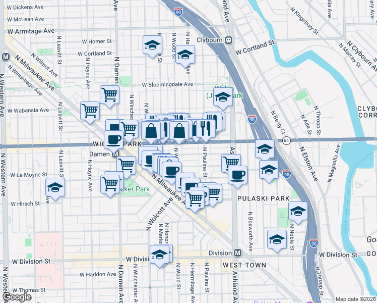 map of restaurants, bars, coffee shops, grocery stores, and more near 1801 Illinois 64 in Chicago