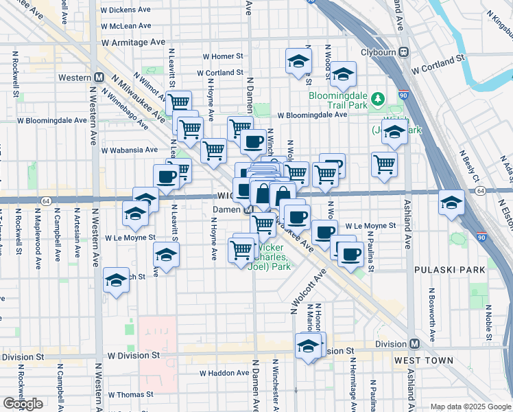 map of restaurants, bars, coffee shops, grocery stores, and more near 1563 North Milwaukee Avenue in Chicago